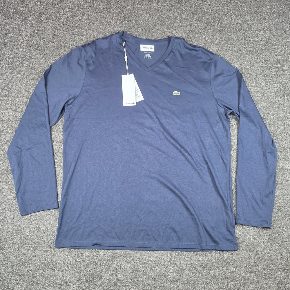 Lacoste V-Neck Long Sleeve T-Shirt Navy Blue Mens XL Pima Cotton Casual Wear New